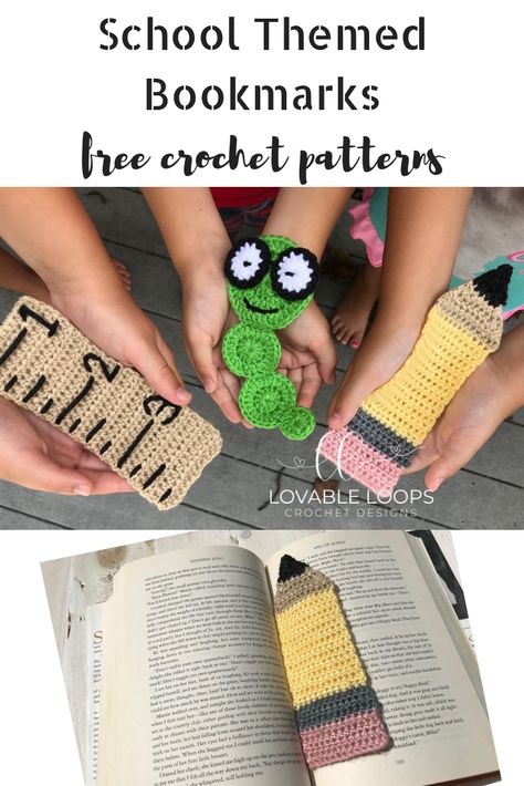 Free crochet patterns for school themed bookmarks. Bookworm bookmark, pencil bookmark and ruler bookmark. Knitted Teacher Gifts, School Crochet Patterns, Crochet Pencil Bookmark, Crochet Pencil Bookmark Free Pattern, Crochet Back To School Ideas, Crochet Bookmarks Free Patterns Book Markers, Crochet Gifts For Teachers, Crochet Bookworm, Book Crochet Pattern