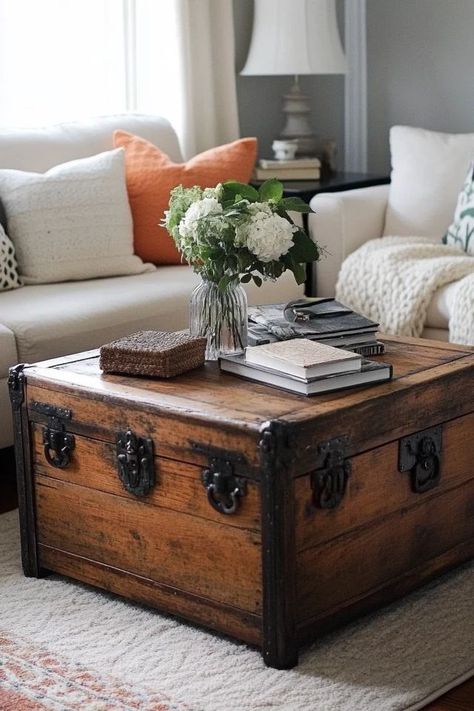 "Bring rustic charm to your living room with a DIY Vintage-Style Trunk Coffee Table! 🧳☕ Perfect for adding both storage and style with a touch of nostalgia. 🌟✨ #VintageDecor #DIYFurniture #CoffeeTable" Trunk Coffee Table, Coffee Table Trunk, Vintage Interior Design, Vintage Interior, Diy Vintage, Rustic Dining Table, Rustic Charm, Vintage Decor, Trunk