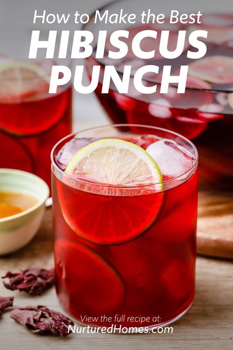 How to Make the Best Hibiscus Punch (Hibiscus Tea, Raw Honey, Lime) - Nurtured Homes Hibiscus Punch Recipe, Roselle Recipes, Hibiscus Flower Tea Recipe, Mexican Punch, Hibiscus Punch, Cold Hibiscus Tea Recipe, Hibiscus Iced Tea Recipes, Homemade Hibiscus Tea, Jamaica Recipes Hibiscus Tea