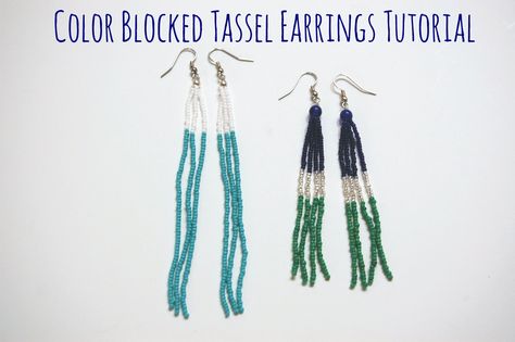 DIY Color Bloack Beaded Tassel Earrings Tutorial Bead Tassel Earrings, Diy Tassel Earrings, Morganite Earrings, Beaded Earrings Tutorials, Beaded Earrings Diy, Geode Earrings, Beaded Tassel Earrings, Tassel Jewelry, Earring Tutorial