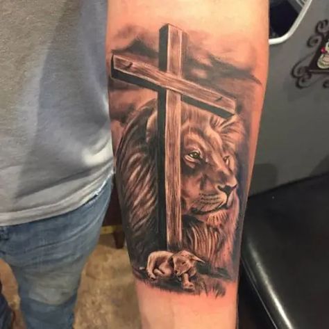 Christian Tattoos Men, Christian Lion, Lamb Tattoo, Bible Tattoos, Christian Tattoo, Christian Sleeve Tattoo, Mens Lion Tattoo, Tattoos Infinity, Tattoos Arm