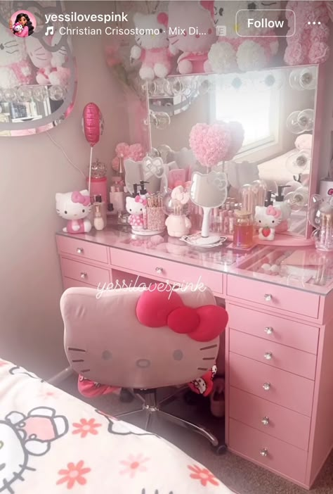 Hello Kitty Room Aesthetic, Hello Kitty Vanity, Hello Kitty Room, Vanity Inspo, Kitty Room, Hello Kitty Room Decor, Hello Kitty Bedroom, Girly Apartment Decor, Hello Kitty Rooms