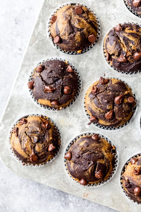 Incredibly fluffy marbled chocolate pumpkin muffins swirled with pumpkin spice batter and double chocolate batter. These healthy chocolate pumpkin muffins are naturally sweetened, made with wholesome ingredients and make the perfect snack or healthier treat. #pumpkinrecipe #pumpkinmuffins #chocolatemuffins #chocolate #muffins #baking #healthysnack #healthybreakfast Clean Cookies, Cookie Diet, Chocolate Pumpkin Muffins, Marbled Chocolate, Baking Journal, Ambitious Kitchen, Chocolate Pumpkin, Muffin Man, Breakfast Pastries