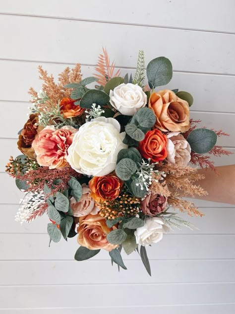 Wedding Bouquet, Orange Bridal Bouquet, Terracotta Bouquet, Burnt Orange Bridesmaids Bouquet, Rust Wedding Bouquet, Fall Wedding Bouquet - Etsy Fall Farm Wedding Colors, Terracotta Floral Bouquet, Terracotta And Cream Bouquet, Wooden Wedding Bouquets, Wedding Fall Bouquets, Orange And Cream Wedding, Wedding Burnt Orange, Bridal Bouquet August, Terracotta Bouquet