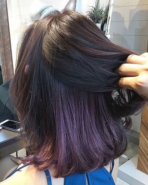 Keep it hidden at school or work and flaunt it when you're ready to party ✨✨ Peekaboo lavender hair color by Number76 Singapore. Plum Hair Colour, Lavender Hair Dye, Hidden Hair Color, Lavender Hair Colors, Hair Color Plum, Plum Hair, Hair Color Underneath, Peekaboo Hair, Hair Color Streaks