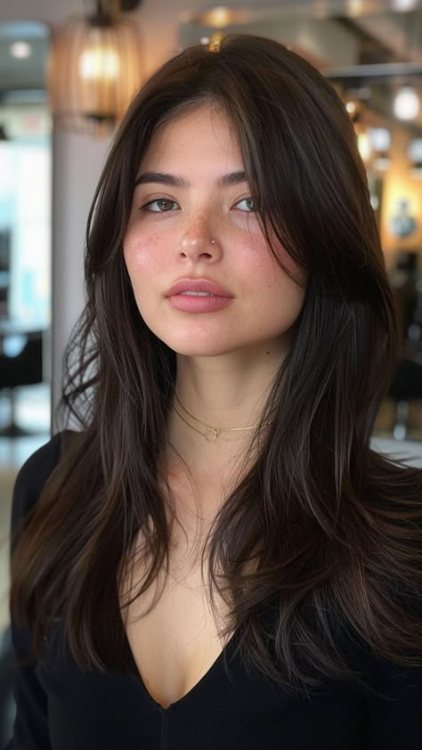 Asian Haircut No Styling, Long Layered Hair No Styling, Layer Haircut Round Face, Long Layered Haircuts Curtain Bangs Short Hair, Layers For Pin Straight Hair, Chin Layers Long Hair, Round Face Long Layers, Chin Length Face Framing Layers Long Hair, 90s Layered Hair Round Face