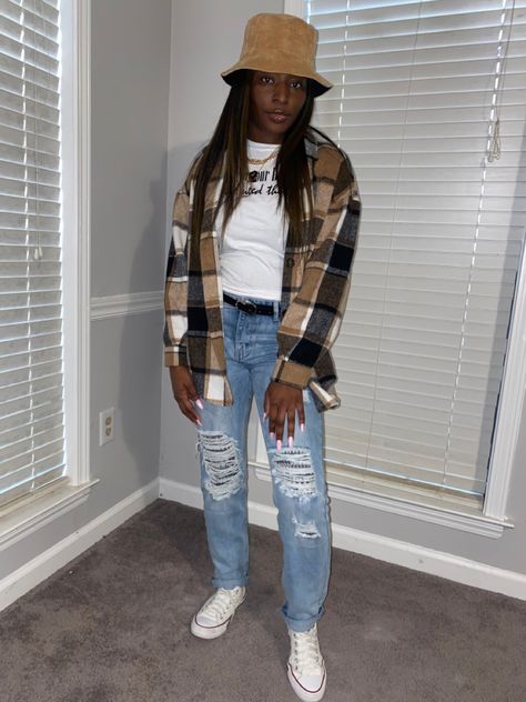 Shein Jacket NastyGal Jean Converse Bucket Hat outfit Plaid Bucket Hat Outfit, Hat Outfits Winter, Bucket Hat Outfit Fall, Brown Plaid Outfit, Bucket Hats Outfits, Fuzzy Bucket Hat Outfit, Bucket Hat Outfits, Shein Jacket, Plaid Bucket Hat