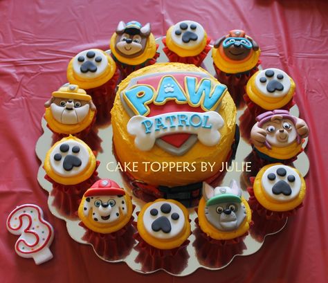 Do as a Giant cupcake and regulars w paw prints & char. Paw Patrol Muffins, Paw Patrol Chase Cake, Digger Birthday Cake, Marshall Paw Patrol Birthday, Barney Party, Paw Patrol Skye Birthday, Paw Patrol Cakes, Paw Patrol Cupcakes, Paw Patrol Party Ideas