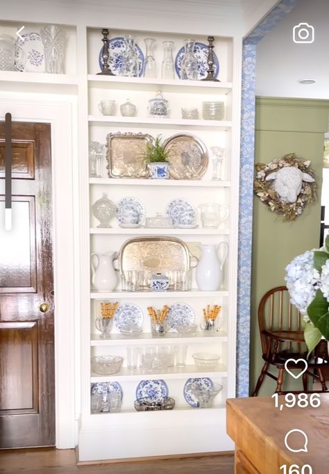 Displaying China On Shelves, Wall Plate Display Ideas, Plate Rack Dining Room, Display Dishes On Shelves, Floor To Ceiling Plate Rack, Kitchen Shelves For Plates And Cups, Plate Slots In Cabinets, How To Display China, Wall Plate Rack