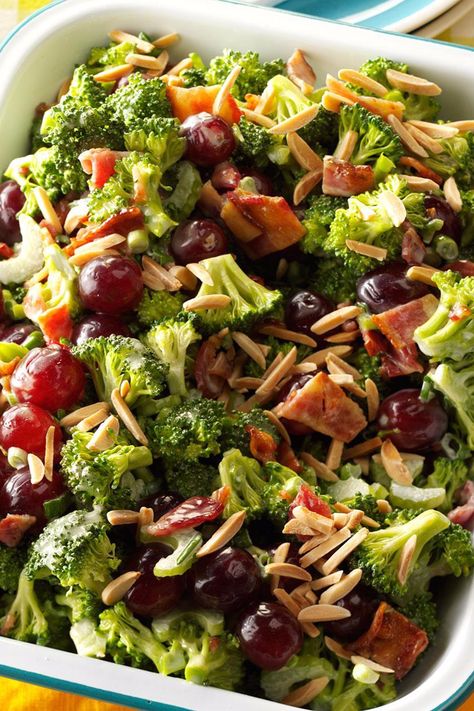 People can't get enough of the sweet grapes and crunchy broccoli in this colorful salad. Plus, you'll appreciate its make-ahead convenience. | Broccoli Salad Supreme Recipe from Taste of Home Office Potluck Recipes, Salad Supreme Recipe, Broccoli Grape Salad, Salad Supreme, Potluck Salad, Salads For A Crowd, Resep Salad, Broccoli Salad Recipe, Grape Salad