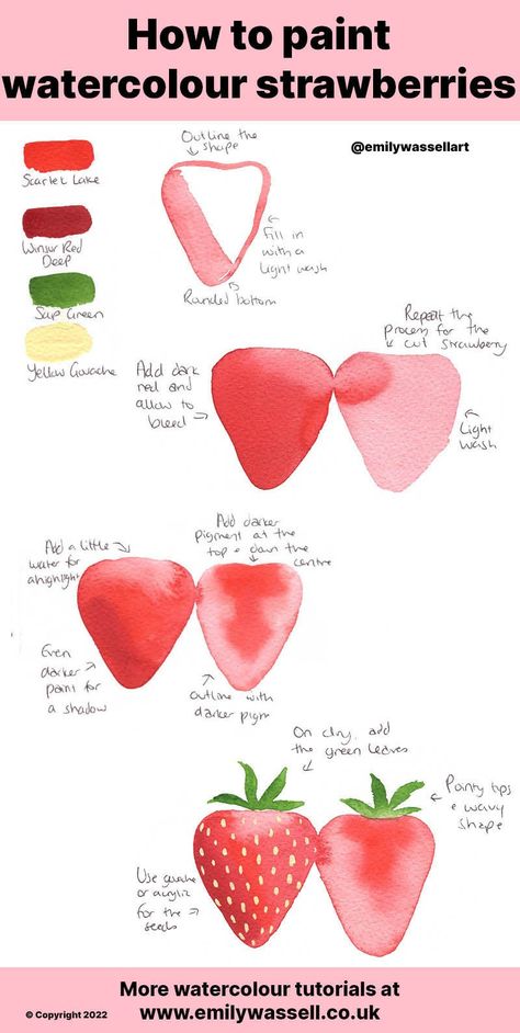 How to Paint Strawberries in Watercolour - Emily Wassell Watercolour Fruits Painting, Water Colour Strawberry, Watercolour Painting Strawberries, Step By Step Fruit Painting, Watercolor Paintings Strawberry, Strawberry Watercolour Painting, How To Shade Watercolor, How To Shade With Watercolor, Summer Painting Tutorial