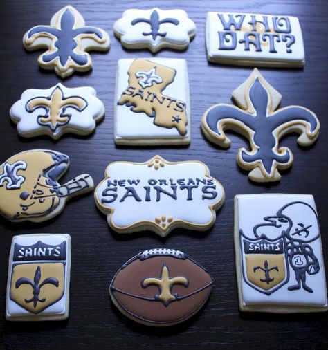 Football Sugar Cookies, Football Cakes, Football Watch Party, New Orleans Party, Sports Cookies, Football Cookies, New Orleans Saints Football, Football Cake, Saints Football