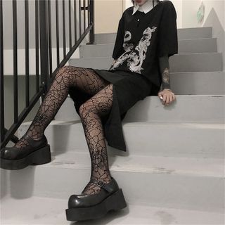 Buy Malnia Home Distressed Spiderweb Pattern Tights at YesStyle.com! Quality products at remarkable prices. FREE Worldwide Shipping available! Patterned Tights Outfit, Outfit Inspirations For School, Fishnet Outfit, Halloween Tights, Cool Tights, Pattern Tights, Sheer Socks, Branded Scarves, Autumn Fits