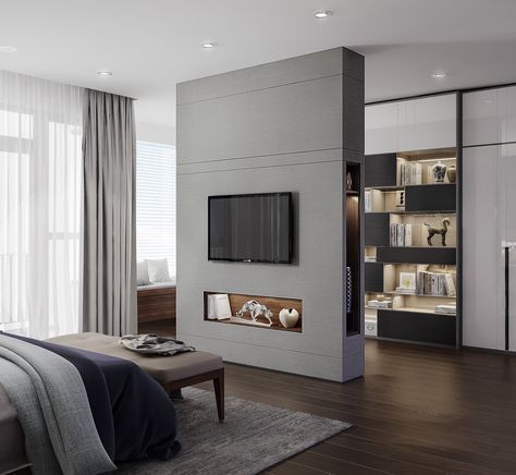 Bedroom Divider, Closet Room Ideas, Bedroom Tv Wall, Bed In Closet Ideas, Closet Aesthetic, Modern Bedroom Interior, Closet Room, Bedroom Closet Design, Living Room Partition