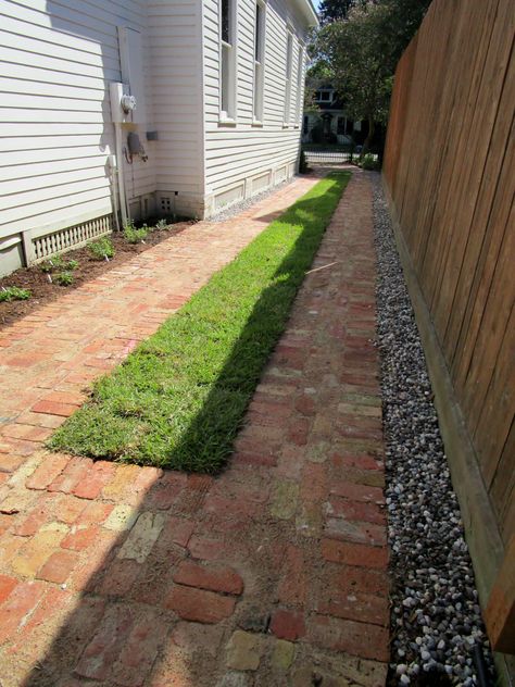 Charming cottage garden and old bricks for a new ribbon driveway and patio. - Victorian - Landscape - Houston - by Ravenscourt Landscaping and Design LLC | Houzz Brick Grass Driveway, Brick Ribbon Driveway, Pretty Driveways, Red Brick Driveway, Ribbon Driveway, Victorian Landscape, Grass Driveway, Brick Driveway, Stone Driveway