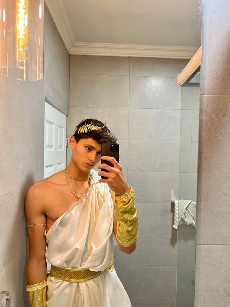 Men Greek Costume, Greek Man Costume, Greek Mythology Costumes Men, Greek Male Costume, Ancient Greek Halloween Costume, Greek God Party Outfit, Greek Robes Men, Apollo Costume Greek, Apollo Halloween Costume