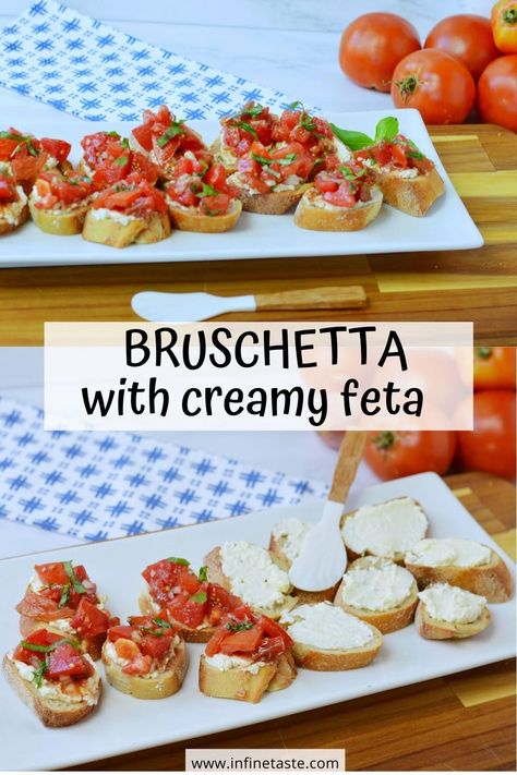 bruschetta on crostini on white platter with title in center Bruschetta Toast Appetizers, Mini Crostini Appetizers, Brusseta Bread, Brusetta Appetizer Recipe, Bruschetta Bites Party Appetizers, Bruschetta With Feta Recipe, Bruschetta Recipe Feta, Feta Crostini Appetizers, Brushetta Recipes With Balsamic