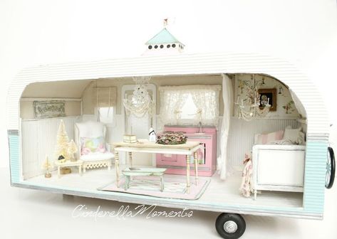 "Wish You Were Here" is a trailer dollhouse I made from scratch. It's 1/12 scale(1 inch scale). Overall length is 22" with the hitch post(t... Shabby Chic Campers, Cinderella Moments, Custom Barbie, Custom Trailers, Mini Doll House, Mini Camper, Miniature Rooms, Diy Camper, Wish You Were Here