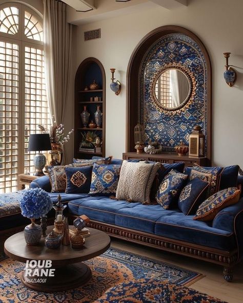 Moroccan Apartment Decor, Persian Style Living Room, Morroco Interior Design, Moroccan Living Room Ideas, Apartment Cozy Living Room, Room Decor Ideas Apartment, Living Room Decor Ideas Apartment, Black Living Room Decor Ideas, Royal Interior Design