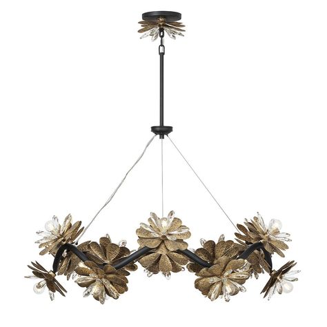 Let the beautiful Savoy House Giselle 24-light chandelier blossom in your home! Its undulating structure is festooned with flowers and finished in Delphine, a beautiful mix of gold and black tones. Petals of faceted crystal add another dimension of style. Savoy House Chandelier, Black Farmhouse Chandelier, Savoy House Lighting, House Country, Flower Chandelier, Black Tones, Farmhouse Chandelier, Another Dimension, Savoy House