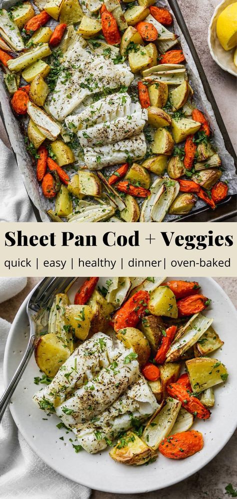 One Pan Dinners Fish, Baked Fish And Vegetables, Easy Healthy Fish Dinner, Simple Fish Dinner, Fish In Oven Recipes, One Pan Cod Recipes, Baked Fish With Vegetables, Mediterranean Dinner Ideas Fish, Heart Healthy Dinner Ideas