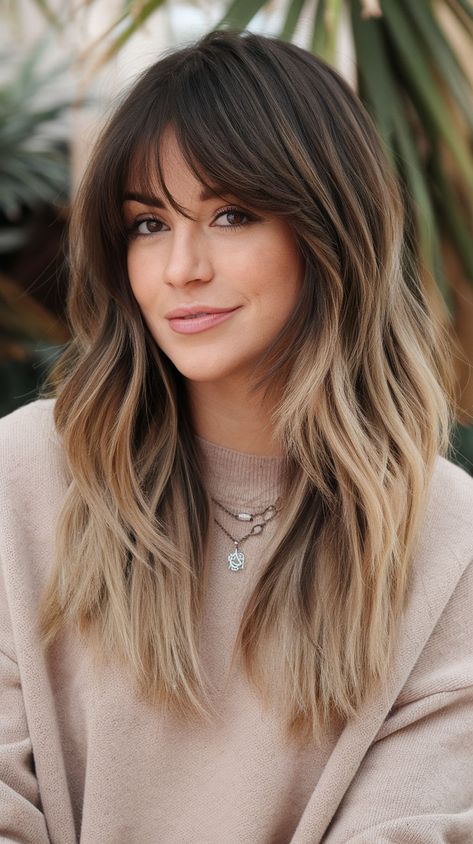 Add effortless style to your medium-length hair with curtain bangs! These face-framing layers can transform any hairstyle into a modern, chic look. #CurtainBangsMediumHair #CurtainBangsHairstyles #CurtainBangs Very Short Curtain Bangs Long Hair, Modern Fringe Haircut, Frame Bangs Long, Ombre Hair Curtain Bangs, Different Style Bangs For Medium Hair, Soft Layers And Curtain Bangs, Long Hair Styles With Curtain Bangs, Bangs Pictures, Center Part Bangs Mid Length