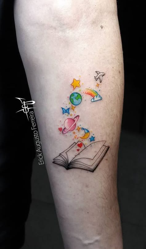 Watercolour Book Tattoo, Book Space Tattoo, Tattoo Ideas Teacher, Daycare Teacher Tattoo Ideas, Reading Rainbow Tattoo, Educator Tattoos, Colorful Book Tattoos, Book Tattoo Color, Education Tattoo Ideas