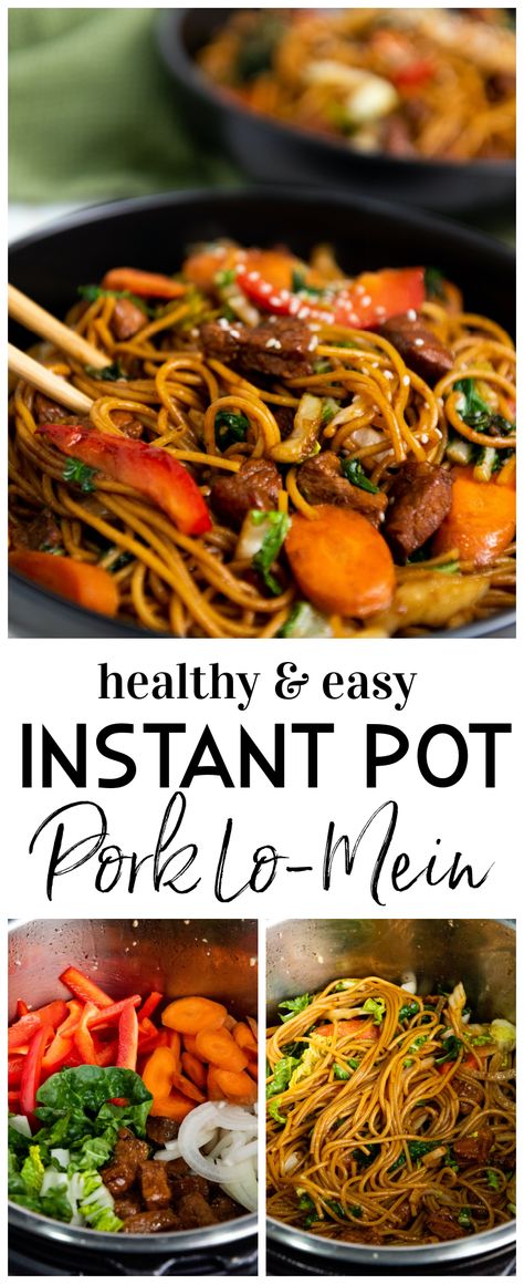 Skip the restaurant - whip up this delicious Instant Pot Pork Lo-Mein at home - full of healthy veggies and noodles, it's a definite crowd pleaser! #pork #lomein #instantpot #healthy #pressurecooker #instantpot #lomein #pork Affordable Instant Pot Recipes, Pad Thai Recipe Instant Pot, Asian Noodle Instant Pot Recipes, Thai Recipes Instant Pot, Chicken Lo Mein Instant Pot, Instant Pot Pork Lo Mein Recipe, Instant Pot Stir Fry Recipes, Asian Pork Loin Recipes Instant Pot, Chicken Lo Mein Recipe Instant Pot