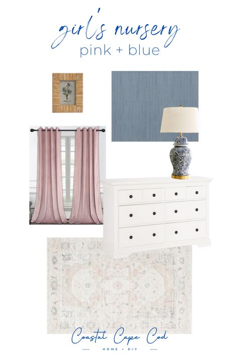 Sweet dusty rose hues complement medium blues and creamy white tones of the furniture. An ivory, pink, and blue rug ties all the elements together. Pink And Blue Nursery Girl, Blue Girls Nursery, Blue Baby Girl Nursery, Navy And Pink Nursery, Southern Coastal Home, Blue And Pink Nursery, Pink And Navy Nursery, Blue Girl Nursery, Pink And Blue Nursery