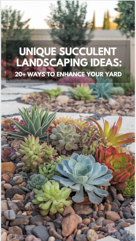 20+ succulent landscape design ideas for front yards, backyards, slopes, and corners featuring pots and river rocks. Front Yard Succulent Landscaping, Large Garden Design Layout, Xeriscape Front Yard Colorado, Succulent Landscaping Ideas, Succulent Front Yard Landscaping, Rock Landscape Ideas, Hillside Landscaping Ideas, Succulent Landscaping Front Yard, Xeriscape Front Yard