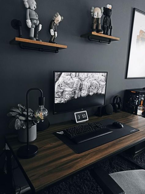 Bilik Lelaki, Mens Bedroom Decor, Home Studio Setup, Minimalist Desk, Desktop Setup, Dekorasi Kamar Tidur, Bedroom Setup, Computer Room, Gaming Room Setup