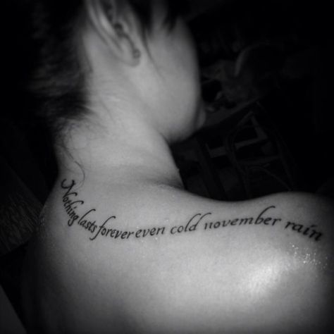 this! my favorite song ever and perfect placement! <3 <3 Nothing Lasts Forever Even Cold November Rain, November Rain Tattoo, Cold November Rain, Roses Lyrics, Rain Tattoo, Betty Boop Tattoos, Lyrics Tattoo, Fan Tattoo, Lyric Tattoos