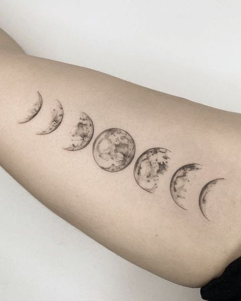 Moon Phase Shoulder Tattoo, Lunar Phases Tattoo, Moon Arm Tattoo, Moon And Clouds Tattoo, Tiny Moon Tattoo, Moon Phases Tattoo Designs, Moon Phase Tattoo, Phase Tattoo, Full Moon Tattoo