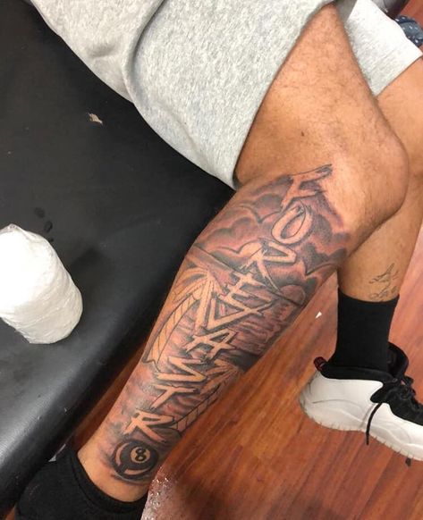 Fear God Leg Tattoo, Chosen 1 Tattoo Men, Black Men Leg Tattoos, Leg Tattoo Men Sleeve, Calf Sleeve Tattoo Men, Leg Tats Men, Tattoo Ideas For Black Men, Leg Tattoos Men, Calf Sleeve Tattoo