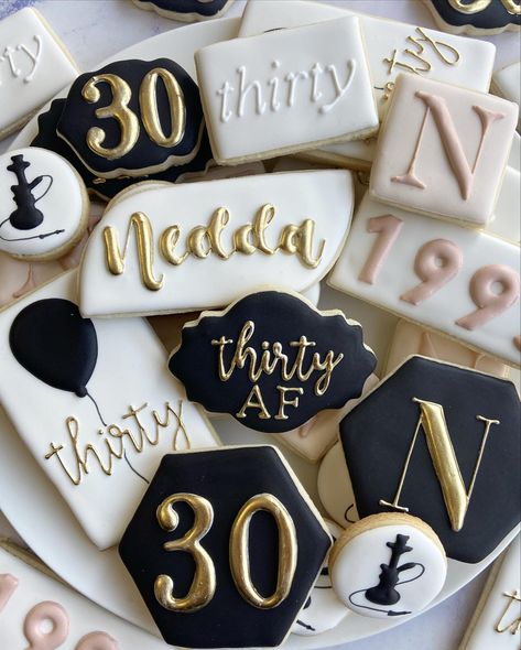 Black, gold and white sugar cookies decorated with royal icing. Happy 30th birthday wishes. Monograms Black And Gold Themed 30th Birthday Party, Black White And Gold 21st Birthday, Black And White Birthday Cookies, Thirty Birthday Cookies, 30th Birthday Cookies For Men, 30 Years Birthday Cake, 30th Birthday Cookies For Woman, 30th Birthday Sugar Cookies, 30 Birthday Cookies