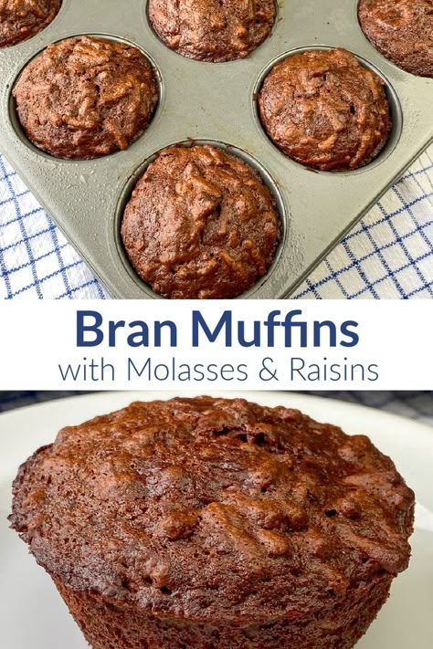 Collage of bran muffins with molasses & raisins single muffin and tin full of muffins Bran Muffins With Molasses And Buttermilk, Big Batch Bran Muffins, Bran Cereal Muffin Recipe, Bran Muffins With All Bran Cereal And Molasses, All Bran Muffins Recipe Healthy, Bran Muffins With Yogurt, Dark Bran Muffins, Raisin Bran Muffins With Molasses, All Bran Cereal Recipes