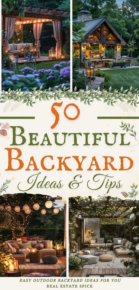 Discover a world of possibilities for your backyard outdoor space with my guide of 50 breathtaking ideas. From cozy lighting options to comfy seating suggestions to elegant alfresco dining areas,find tips that cater to every style and budget. Learn how to turn your backyard into an inviting oasis for relaxation and entertainment. Don't miss out on transforming your backyard into the ultimate retreat! RealEstateSpice.com #BackyardIdeas Outside Furniture Ideas, Outdoor Backyard Ideas, Covered Patio Plans, Backyard Planning, Diy Outdoor Patio Ideas, Diy Backyard Projects, Garden Ideas Budget Backyard, Backyard Plans, Relaxing Patio