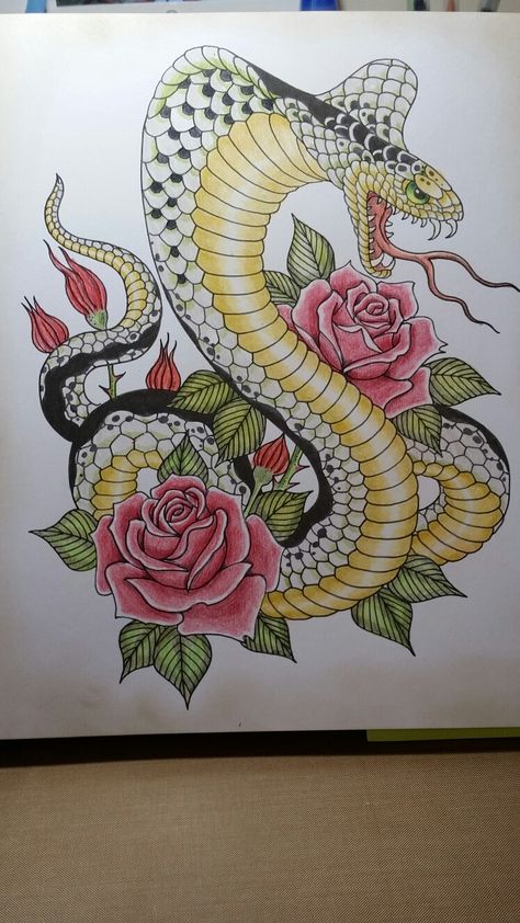 Book : Flash by Chris Garver Colorist Brenda Mohler Suplies Farber Castell pencils Chris Garver Tattoos, Geisha Tattoos, Traditional Snake, Traditional Snake Tattoo, Chris Garver, Snake Tattoo, Tattoo Flash, Japanese Tattoo, Flash Tattoo