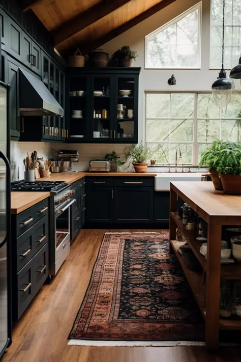 40+ Aesthetic Moody Farmhouse Kitchen Ideas Moody Scandinavian Kitchen, Small Kitchen Renovation Ideas Farmhouse, Cozy Kitchen Black Cabinets, Dark Walls White Cabinets Kitchen, Kitchen Colors Schemes For Small Kitchen, Moody Kitchen With Oak Cabinets, Moody Farmhouse Aesthetic, Small Long Kitchen Ideas Narrow, Galley Kitchen Wood Cabinets