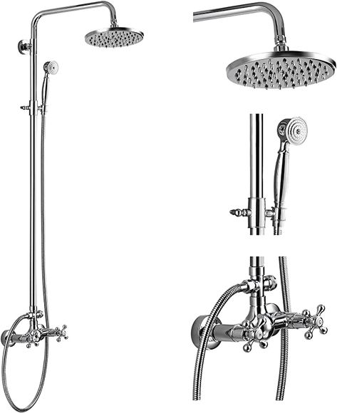 Gold Shower Fixtures, Shower Head With Handheld, Rain Shower System, Freestanding Bathtub Faucet, Rain Head, Silver Bathroom, Bronze Fixtures, Bathroom Shower Faucets, Gold Shower