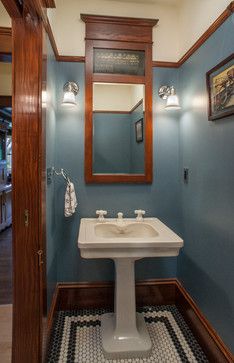 Craftsman Powder Room, Craftsman Style Bathrooms, Vintage Powder Room, Craftsman Interiors, Bungalow Bathroom, Craftsman Bathroom, Craftsman Interior, Bungalow Style, Craftsman Style Homes