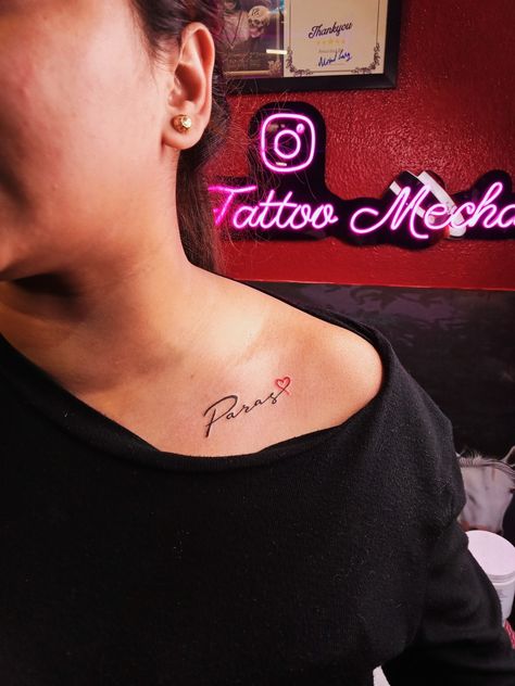 Where To Get A Name Tattoo, Name Collarbone Tattoo, Where To Get Name Tattoos, Name Tattoo Collar Bone, Collar Bone Name Tattoo, Collarbone Name Tattoo, Tattoo Name Designs, Small Name Tattoos, Small Name Tattoo