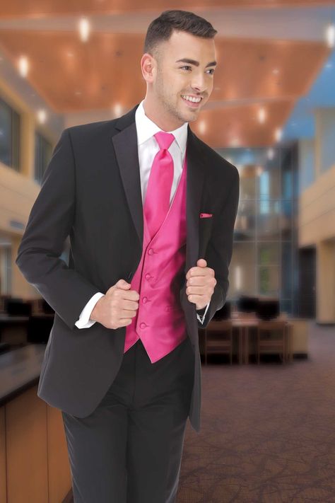 All Black Suit With Pink Tie, Hot Pink Tuxedo Prom, Black Suit Pink Shirt, Black And Pink Tuxedo, Chambelanes Outfits Quinceanera, White Prom Suit, Pink Prom Suit, Pink Tux, Tuxedo Ideas