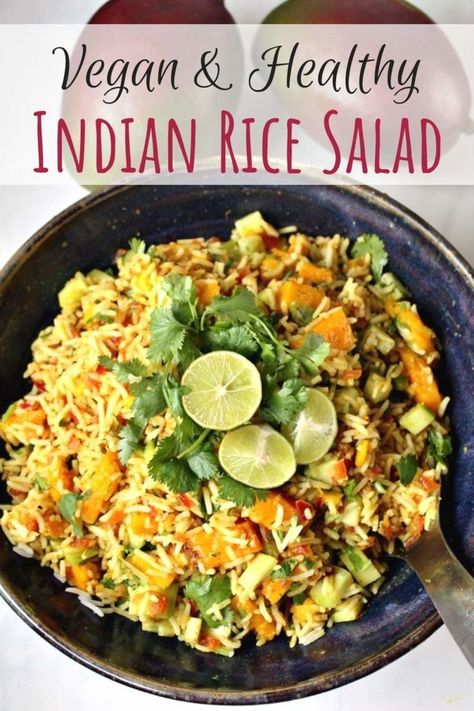 Vegan Curried Indian Rice Salad with Mango & Ljme Dressing | An easy, simple and healthy gluten-free salad recipe perfect for clean eating meal prep. Tastes best cold #saladrecipes. #mealprep #veganrecipes #indian #side Salad Recipes Vegan, Rice Salad Cold, Curried Rice, Clean Eating Meal Prep, Mango Rice, Salad With Mango, Indian Salads, Rice Salad Recipes, Indian Rice Recipes