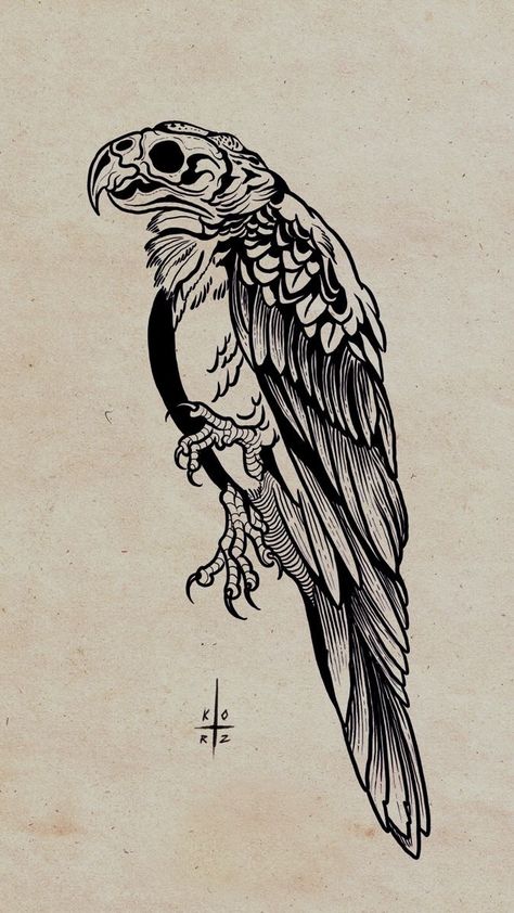 Dracula Parrot Tattoo, Engraving Tattoo Design, Animal Flash Tattoo, Parrot Tattoo Design, Sekiro Tattoo, Black Work Tattoo Design, Parrot Tattoos, Vulture Tattoo, Art Tattoo Design