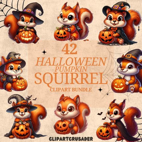 Adorable Halloween Squirrel Holding Pumpkin Clipart Bundle -  Digital Art Instant Download for Sublimation Design, Halloween, Cute, Squirrel by ClipArtCrusader on Etsy Squirrel Clipart, Sublimations Designs, Character Clipart, Pumpkin Clipart, Cute Squirrel, Halloween Cute, Seasonal Crafts, Halloween Projects, A Pumpkin