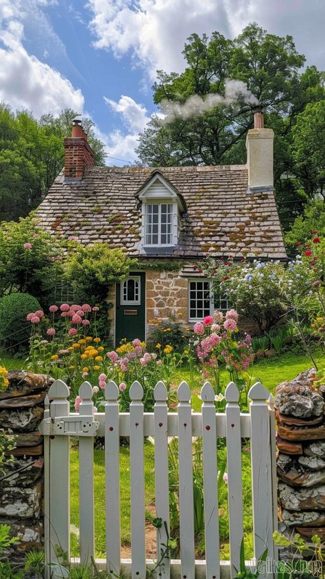 Nature Cottage Aesthetic, Cottage European House, Cottage English Garden, Cottage With Flower Garden, White House With Flowers, European Village Houses, Cottage Core Garden Aesthetic, Small Cottage Aesthetic, Garden Cottage Aesthetic