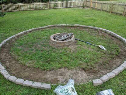 We bought our house almost 6 years ago and let’s just say, the backyard needed some love. There were some overgrown flower beds and a pretty sad excuse for a fire pit that the previous owners had left behind. We moved into our house in the fall and by early spring, we had already replaced the sad, dilapidated looking brick circle “fire pit” for a much nicer kit that we found at Lowe’s. I wish I could say that once we upgraded the fire pit ring and the stones that we used it all… Circle Fire Pit, Diy Fire Pit Area, Brick Circle, Outdoor Firepits, Fire Pit Size, Fire Pit Seating Area, Fire Pit Ring, Fire Pit Landscaping, Weed Barrier