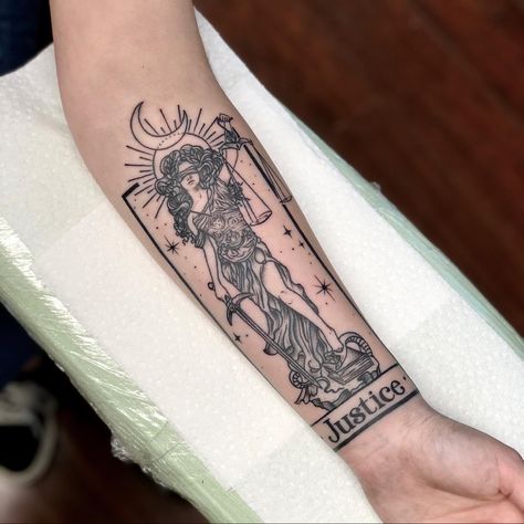 Tarot Card Justice Tattoo, Themis Tattoo Design, Themis Goddess Tattoo, Justice Tarot Tattoo, Justice Tattoo For Women, Justice Tarot Card Tattoo, Goddess Of Justice Tattoo, Lady Justice Tattoo Design, Themis Tattoo