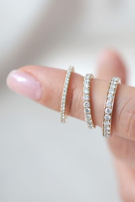 Eternity Band With Plain Band, Mixed Metals Ring Stack, Eternity Ring Stack, Eternity Ring Diamond Stack, Cheap Wedding Bands, Engagement Rings Wedding Bands Set, Gold Band Wedding Ring, Couple Ring Design, Cheap Engagement Rings